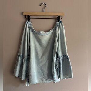 Womens Blue Denim Off Shoulder Bell Sleeve Bow Tie Top Medium Boho Cottage core